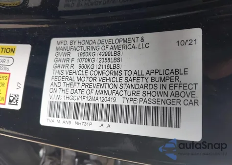 2021 Honda Accord Lx z USA, uszkodzony, nr VIN 1HGCV1F12MA120419